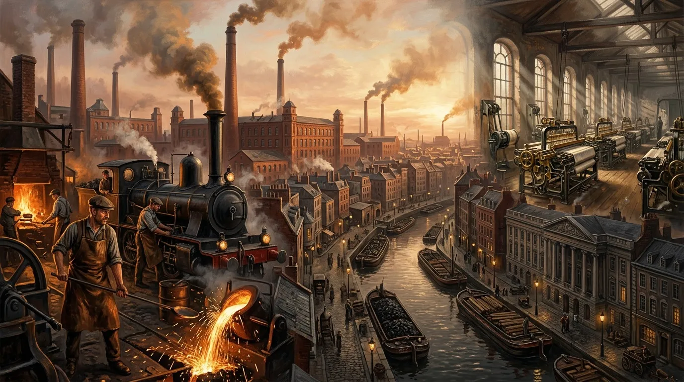 Ville industrielle du XIXe siècle avec usines, ouvriers et forges.