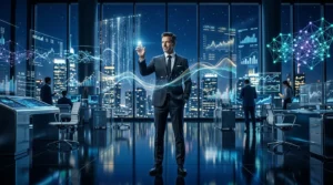 Homme d'affaires dans bureau high-tech avec données et graphiques