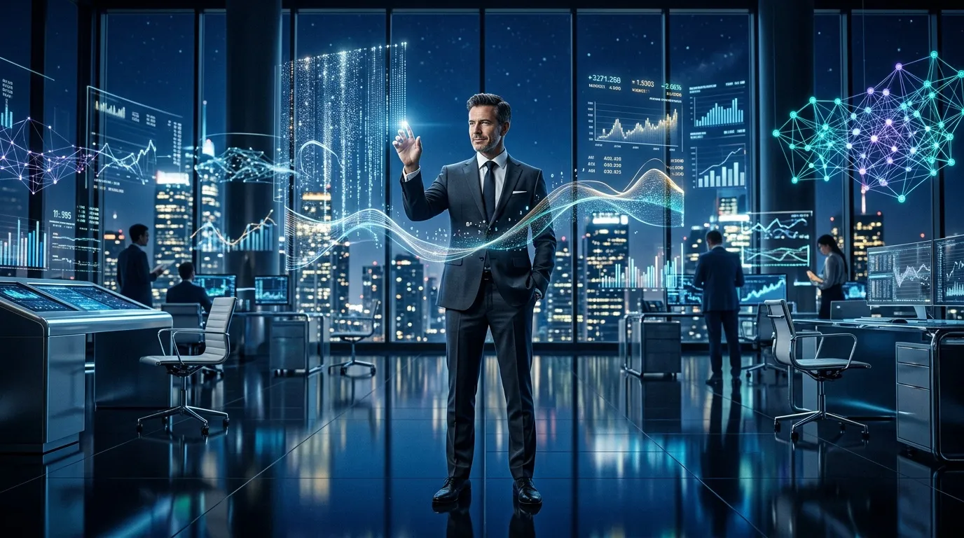 Homme d'affaires dans bureau high-tech avec données et graphiques
