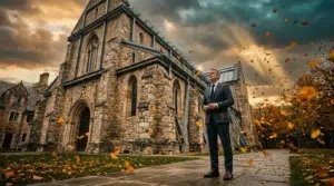 Homme en costume devant église pierre, feuilles automne volent