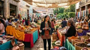 Femme souriante au marché public avec fruits, épices et textile colorés