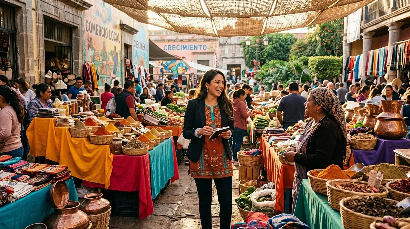 Femme souriante au marché public avec fruits, épices et textile colorés