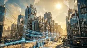 Ville cyberpunk avec gratte-ciel et lignes électriques lumineuses