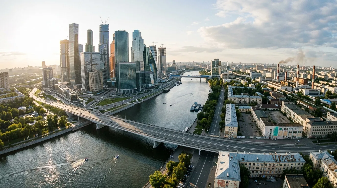 Vue aérienne de Moscou avec gratte-ciel et fleuve