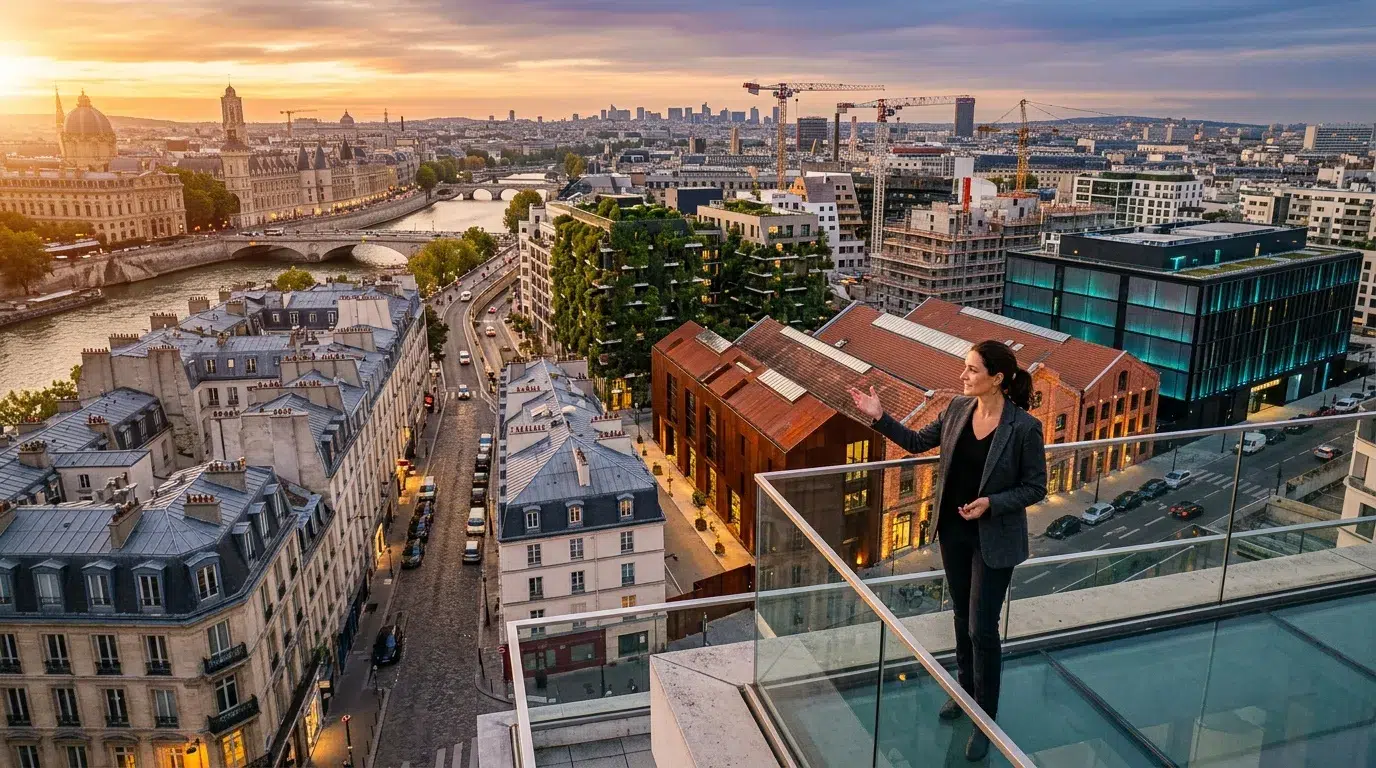 Femme sur terrasse panoramique dominant Paris au coucher soleil