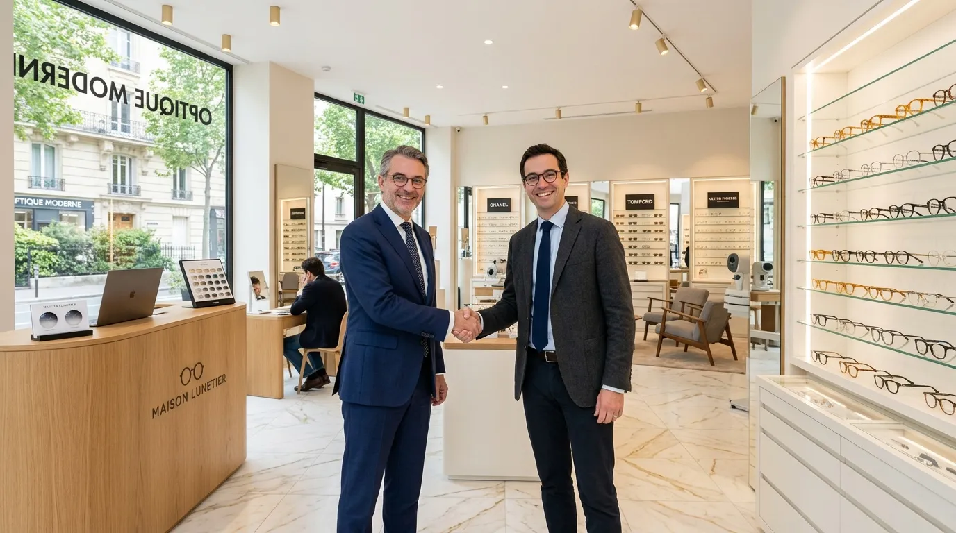 Deux hommes en costume se serrent la main dans un magasin d'optique moderne.