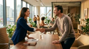 Deux professionnels se serrent la main dans un bureau lumineux