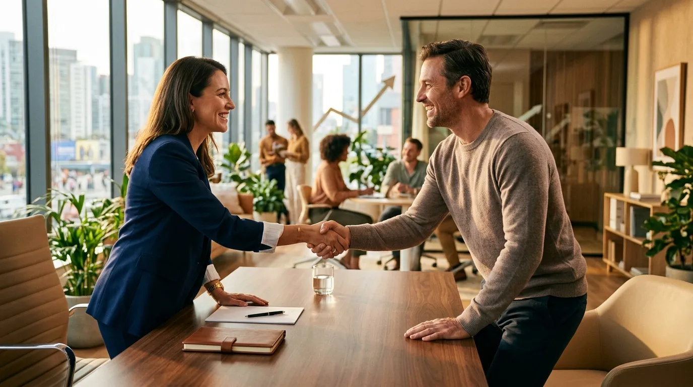 Deux professionnels se serrent la main dans un bureau lumineux