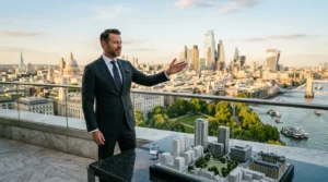 Homme d'affaires présentant maquette immobilière face à skyline londonien
