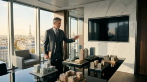Homme d'affaires présentant maquette architecturale à Paris