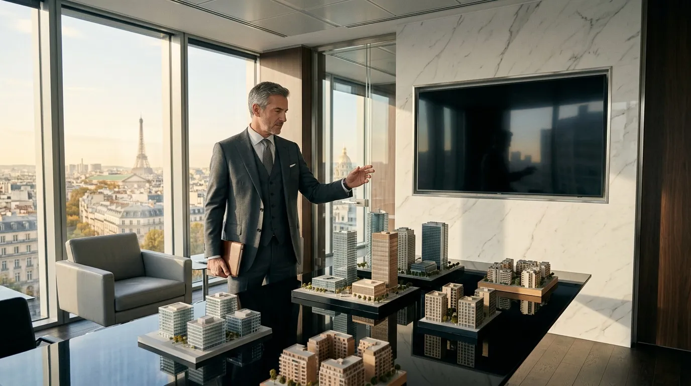 Homme d'affaires présentant maquette architecturale à Paris