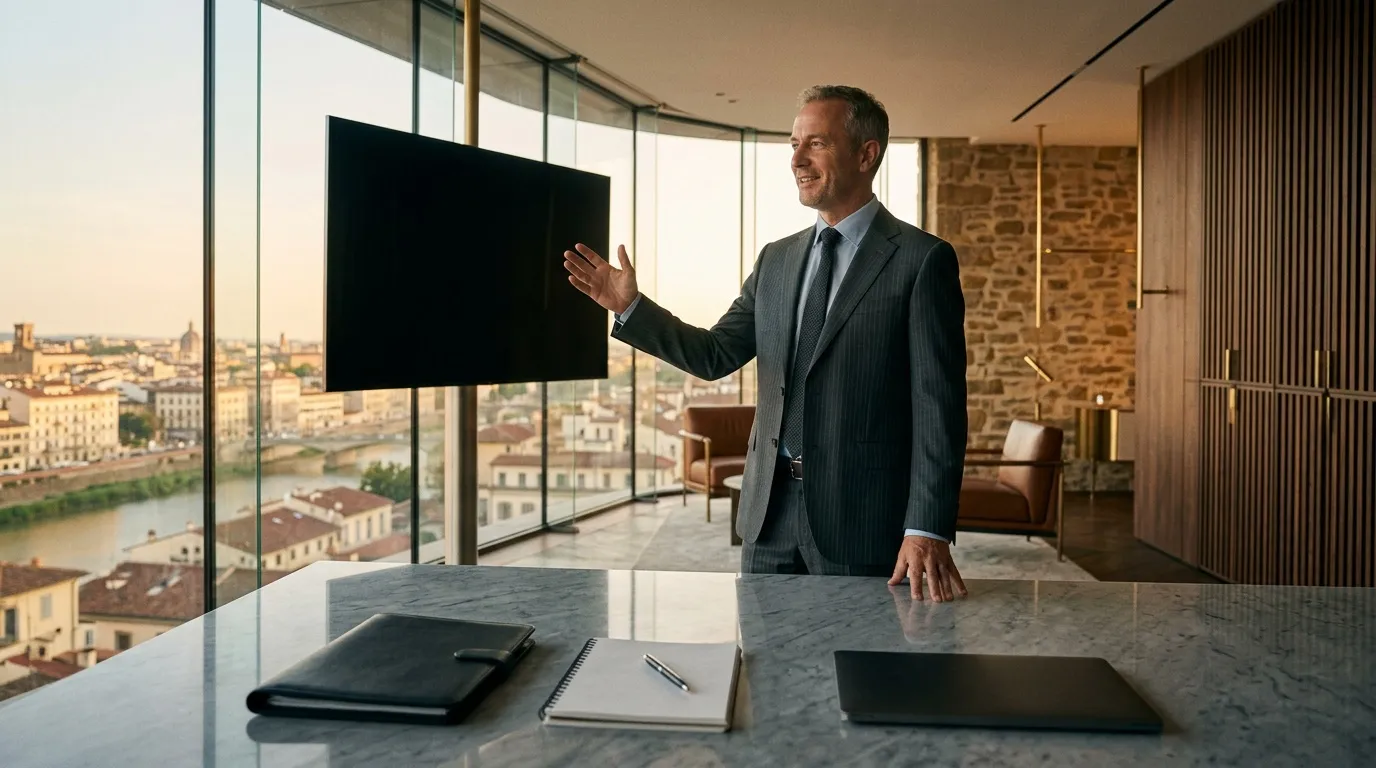 Homme d'affaires présentant devant écran noir, vue panoramique