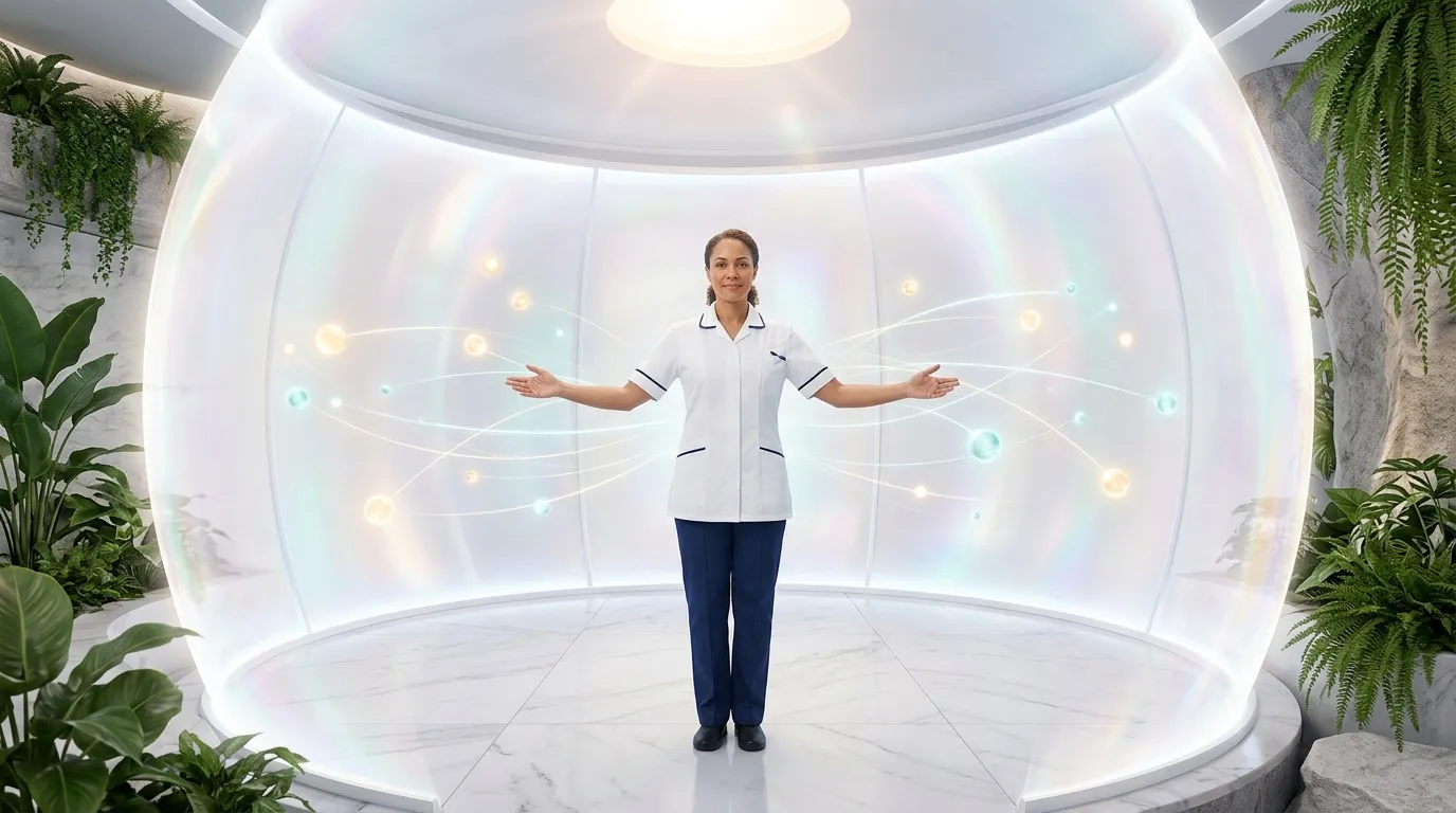 Infirmière en blanc dans capsule technologique lumineuse avec plantes