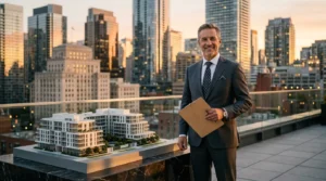 Homme d'affaires tenant dossier devant maquette immeuble