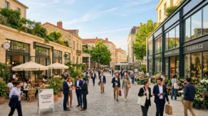 Rue piétonne avec commerces, cafés et passants dans quartier moderne