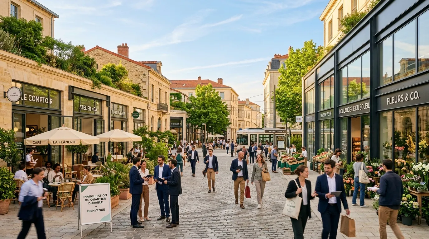 Rue piétonne avec commerces, cafés et passants dans quartier moderne