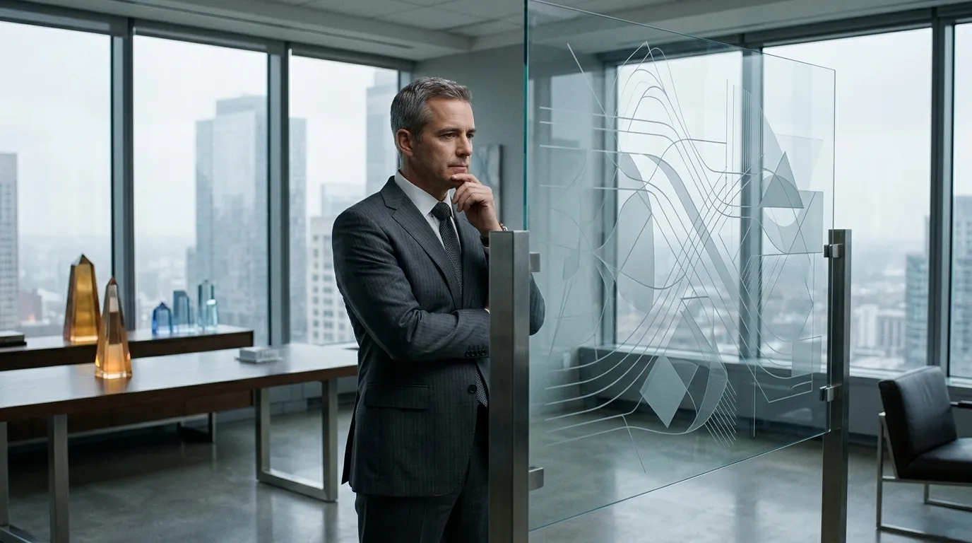 Homme d'affaires pensif dans bureau moderne panoramique