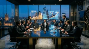 Hommes d'affaires discutent autour table avec graphiques financiers
