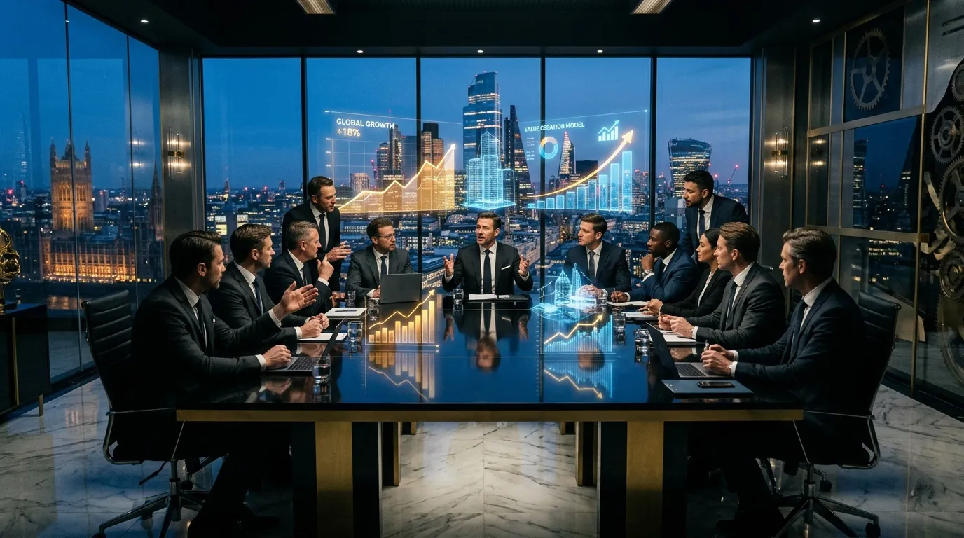 Hommes d'affaires discutent autour table avec graphiques financiers