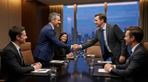 Cinq hommes d'affaires en costume signant un accord commercial