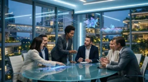 Équipe professionnelle discutant autour table interactive numérique