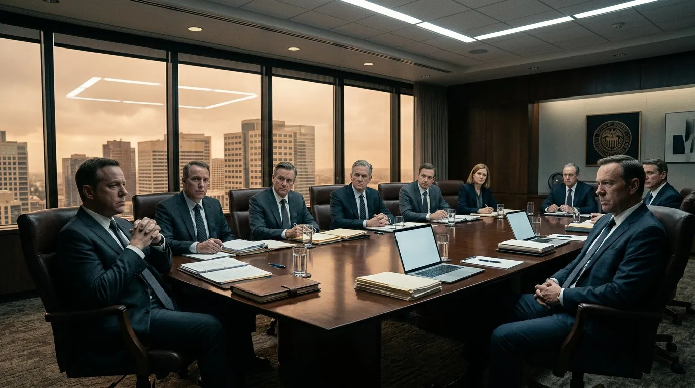 Neuf cadres en costume réunis autour d'une table de conférence
