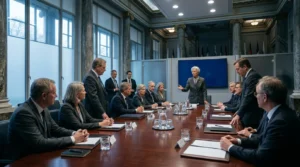 Délégation officielle en réunion autour d'une table de conférence