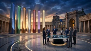 Politiciens discutent autour table futuriste, colonnes colorées, Reichstag