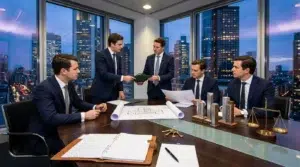Cinq hommes d'affaires discutent autour d'une table avec plans architecturaux.