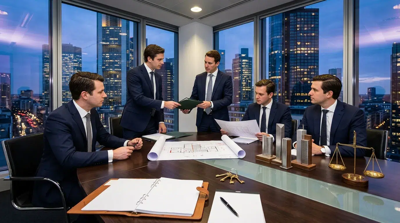 Cinq hommes d'affaires discutent autour d'une table avec plans architecturaux.