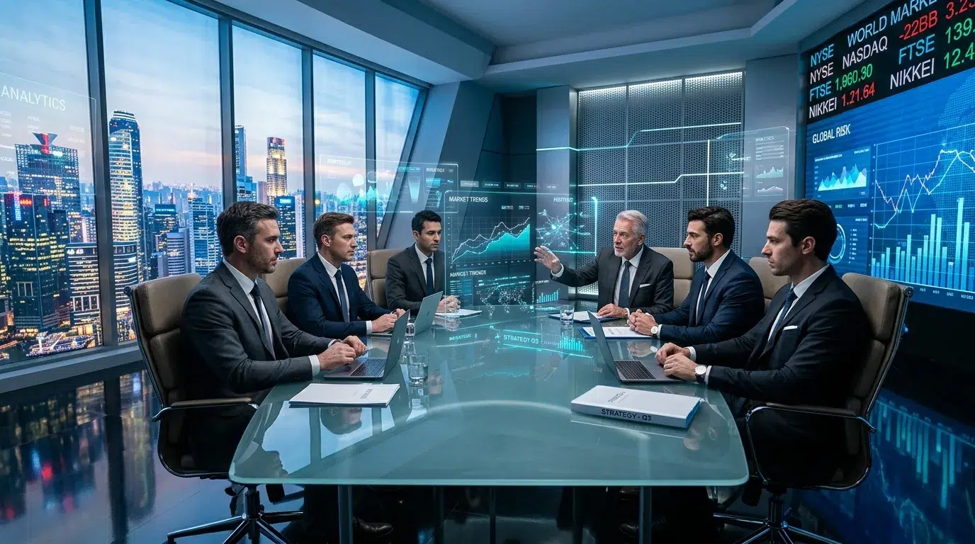 Six hommes d'affaires discutent autour d'une table avec écrans financiers