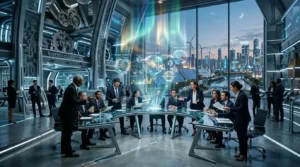 Équipe affaires discute autour table futuriste avec hologrammes données