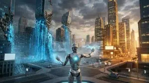 Robot humanoïde avec lumière bleue dans ville futuriste