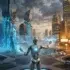 Robot humanoïde avec lumière bleue dans ville futuriste