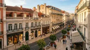 Rue piétonne avec commerces, tramway jaune et architecture portugaise