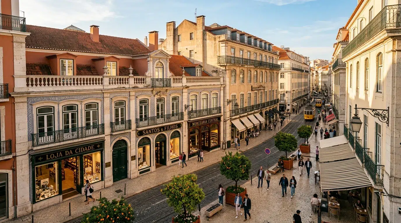 Rue piétonne avec commerces, tramway jaune et architecture portugaise