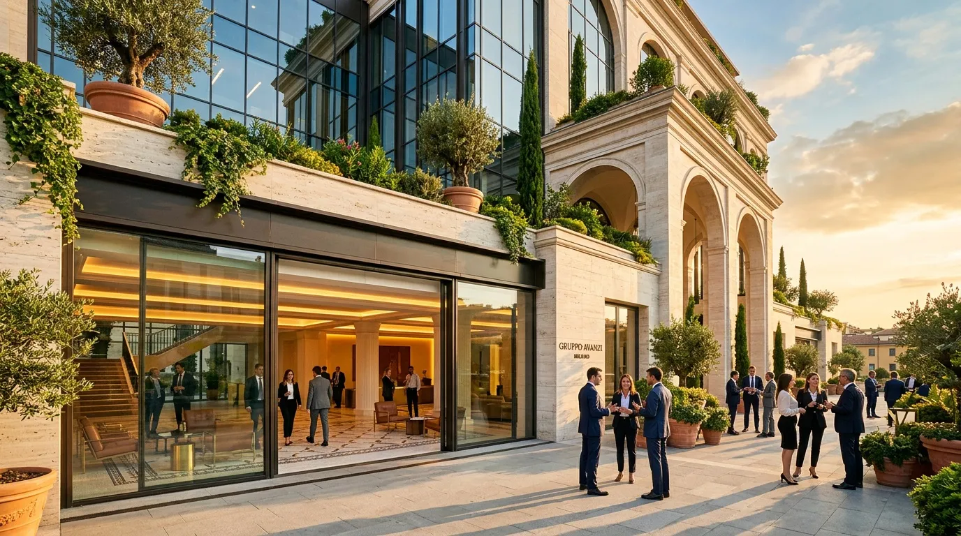 Bâtiment moderne avec façade vitrée et terrasse végétalisée, Milan