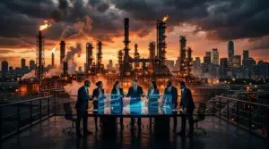Équipe d'affaires analysant données devant raffinerie pétrolière