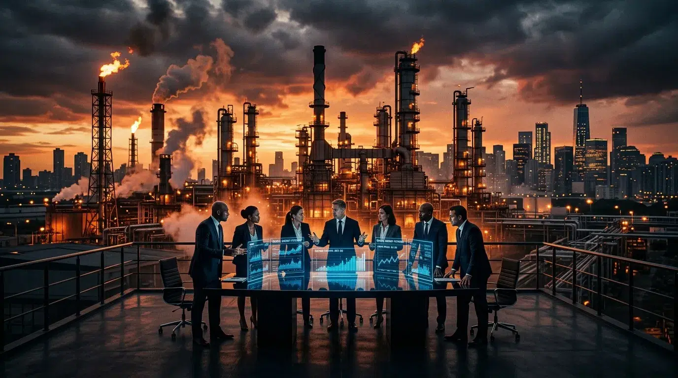 Équipe d'affaires analysant données devant raffinerie pétrolière