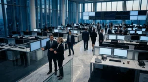 Professionnels en costumes dans un bureau high-tech lumineux