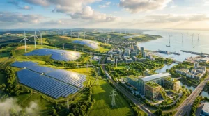Ville côtière avec éoliennes, panneaux solaires et port maritime.