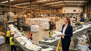 Femme superviseur dans usine de tri papier automatisé