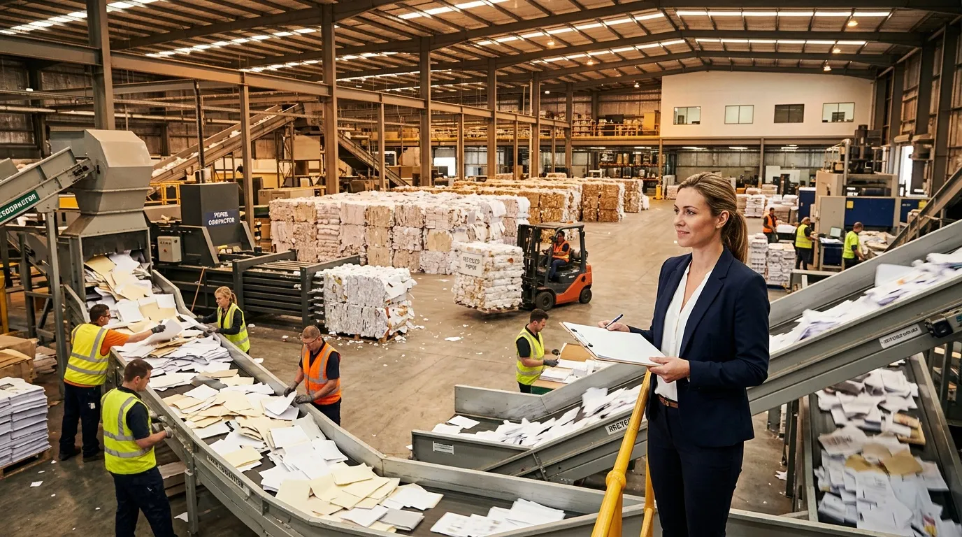 Femme superviseur dans usine de tri papier automatisé