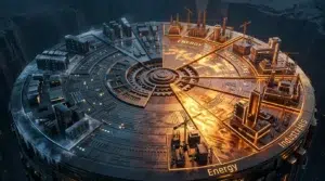 Vue aérienne d'une cité futuriste avec zones énergétiques illuminées