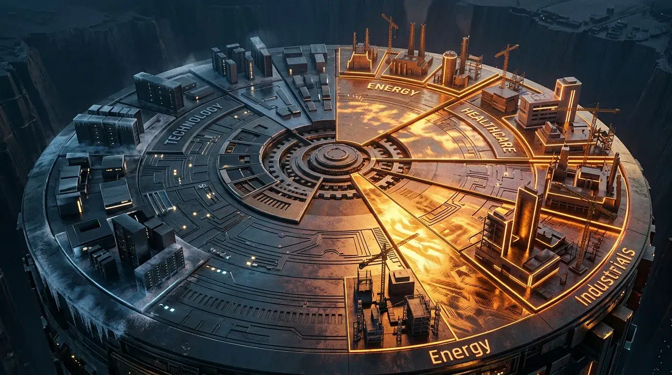 Vue aérienne d'une cité futuriste avec zones énergétiques illuminées