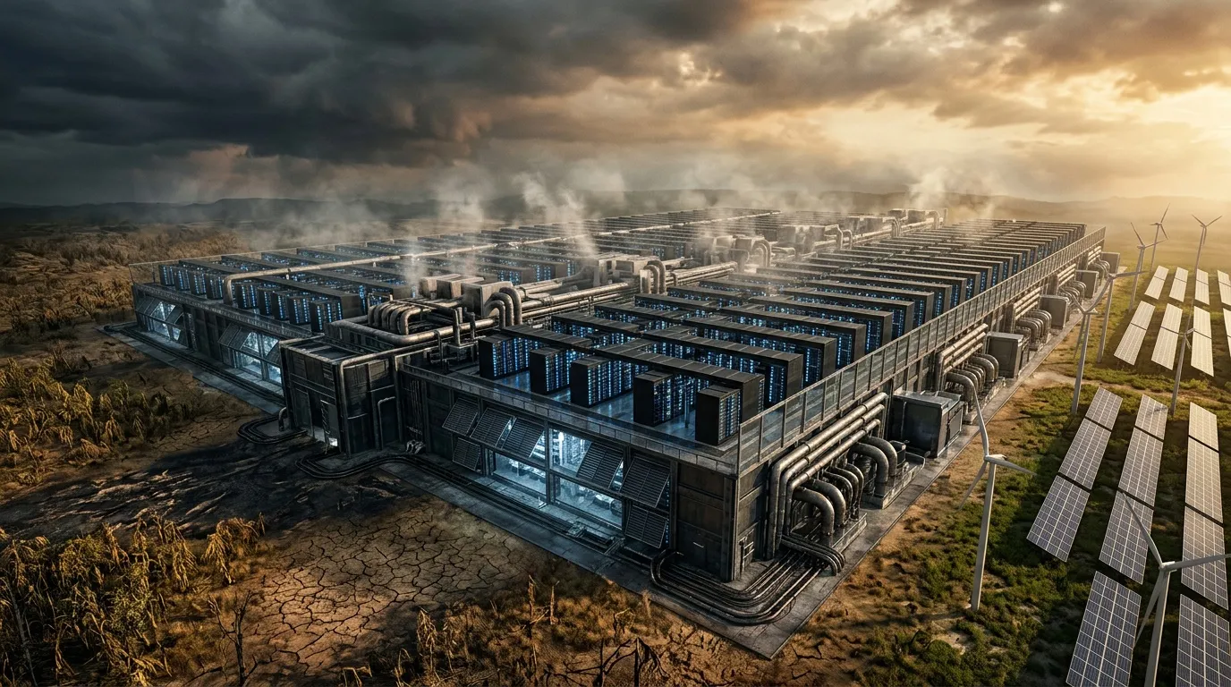 Complexe industriel avec serveurs, énergie renouvelable et infrastructure durable