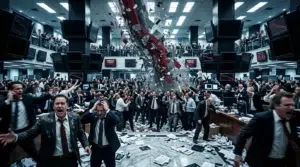 Traders paniqués dans une salle boursière en crise, papiers dispersés, débâcle financière