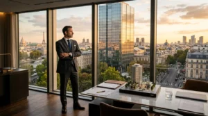 Homme en costume noir observant la vue panoramique de Paris depuis un bureau moderne