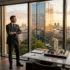Homme en costume noir observant la vue panoramique de Paris depuis un bureau moderne