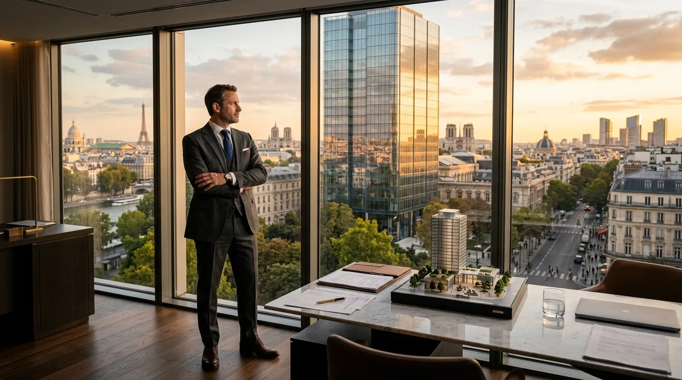 Homme en costume noir observant la vue panoramique de Paris depuis un bureau moderne